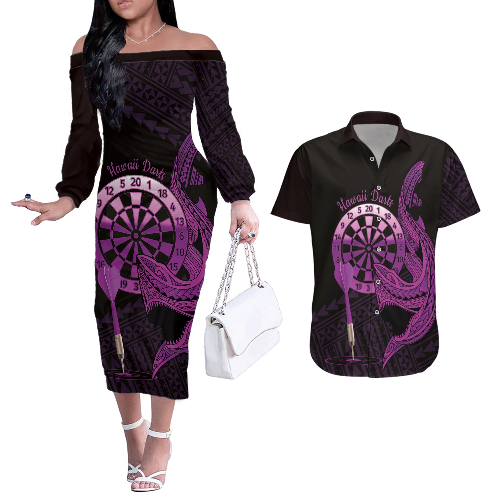 Aloha Hawaii Darts Couples Matching Off The Shoulder Long Sleeve Dress and Hawaiian Shirt Dart Board With Polynesian Shark - Purple LT14 Purple - Polynesian Pride