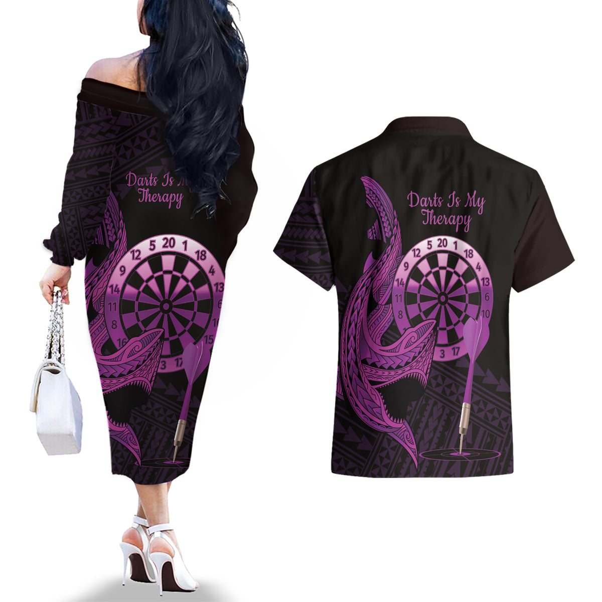 Aloha Hawaii Darts Couples Matching Off The Shoulder Long Sleeve Dress and Hawaiian Shirt Dart Board With Polynesian Shark - Purple