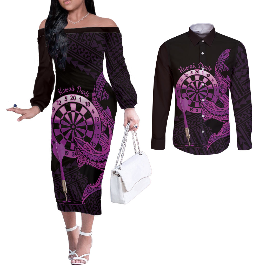 Aloha Hawaii Darts Couples Matching Off The Shoulder Long Sleeve Dress and Long Sleeve Button Shirt Dart Board With Polynesian Shark - Purple LT14 Purple - Polynesian Pride