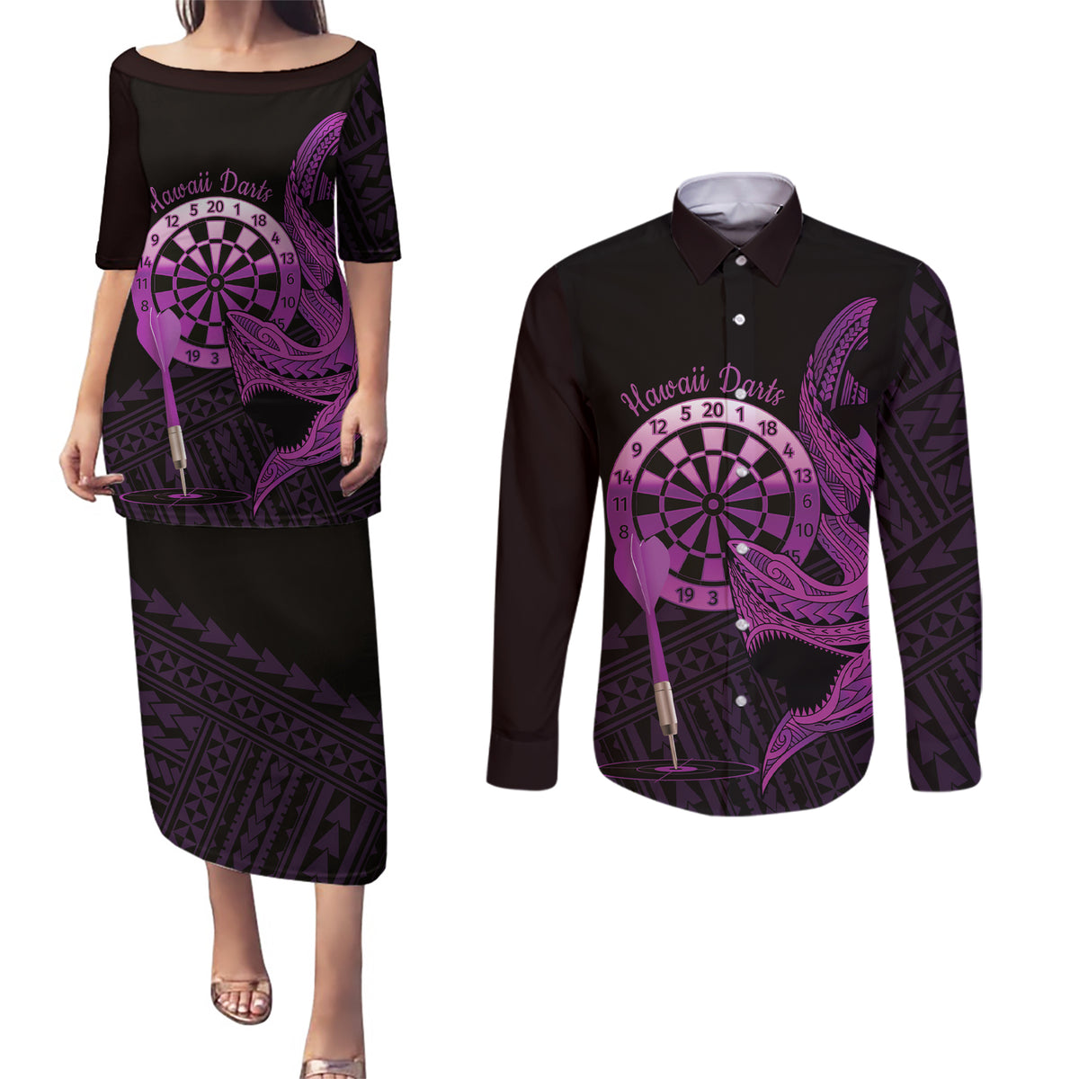 Aloha Hawaii Darts Couples Matching Puletasi and Long Sleeve Button Shirt Dart Board With Polynesian Shark - Purple LT14 Purple - Polynesian Pride