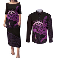 Aloha Hawaii Darts Couples Matching Puletasi and Long Sleeve Button Shirt Dart Board With Polynesian Shark - Purple LT14 Purple - Polynesian Pride