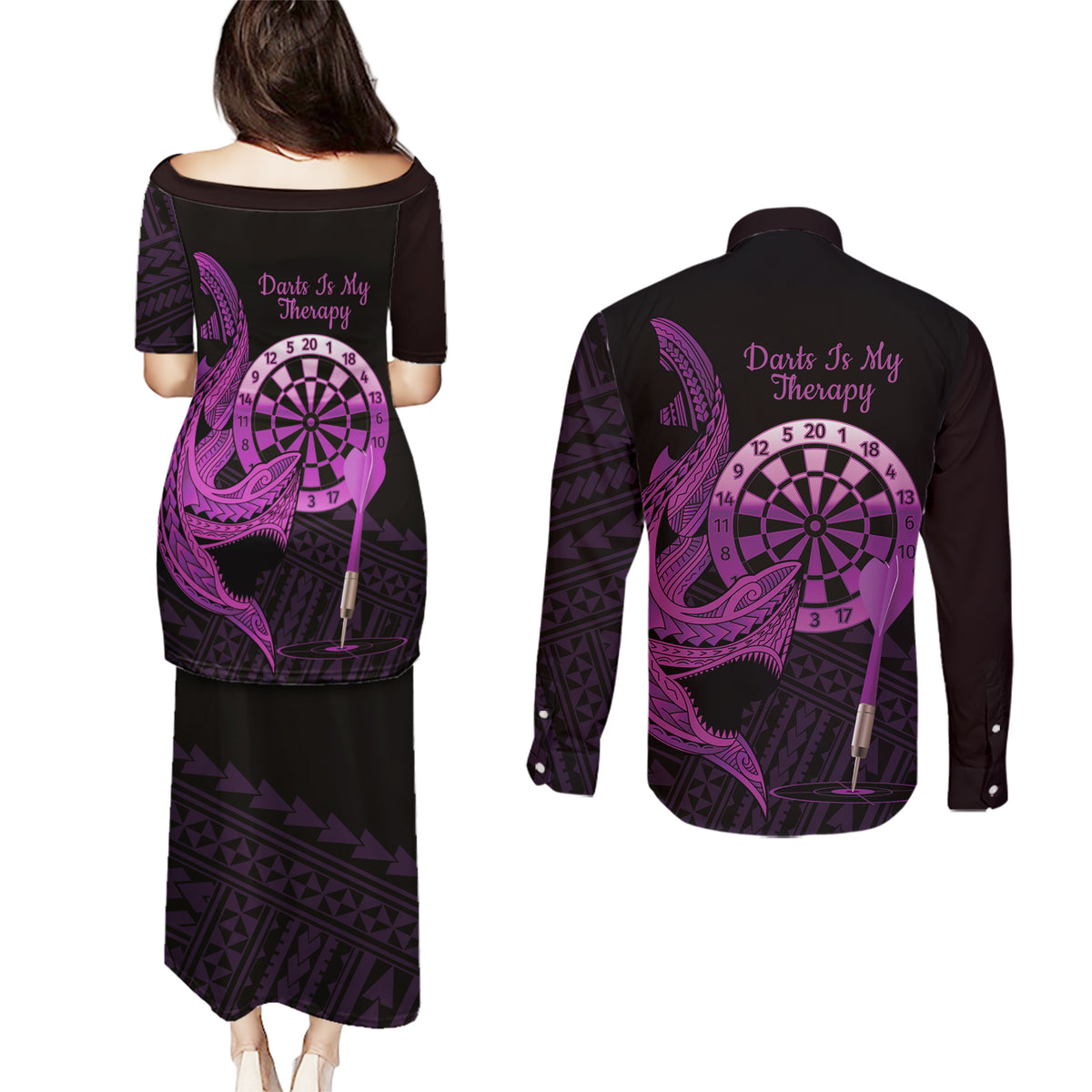 Aloha Hawaii Darts Couples Matching Puletasi and Long Sleeve Button Shirt Dart Board With Polynesian Shark - Purple LT14 - Polynesian Pride