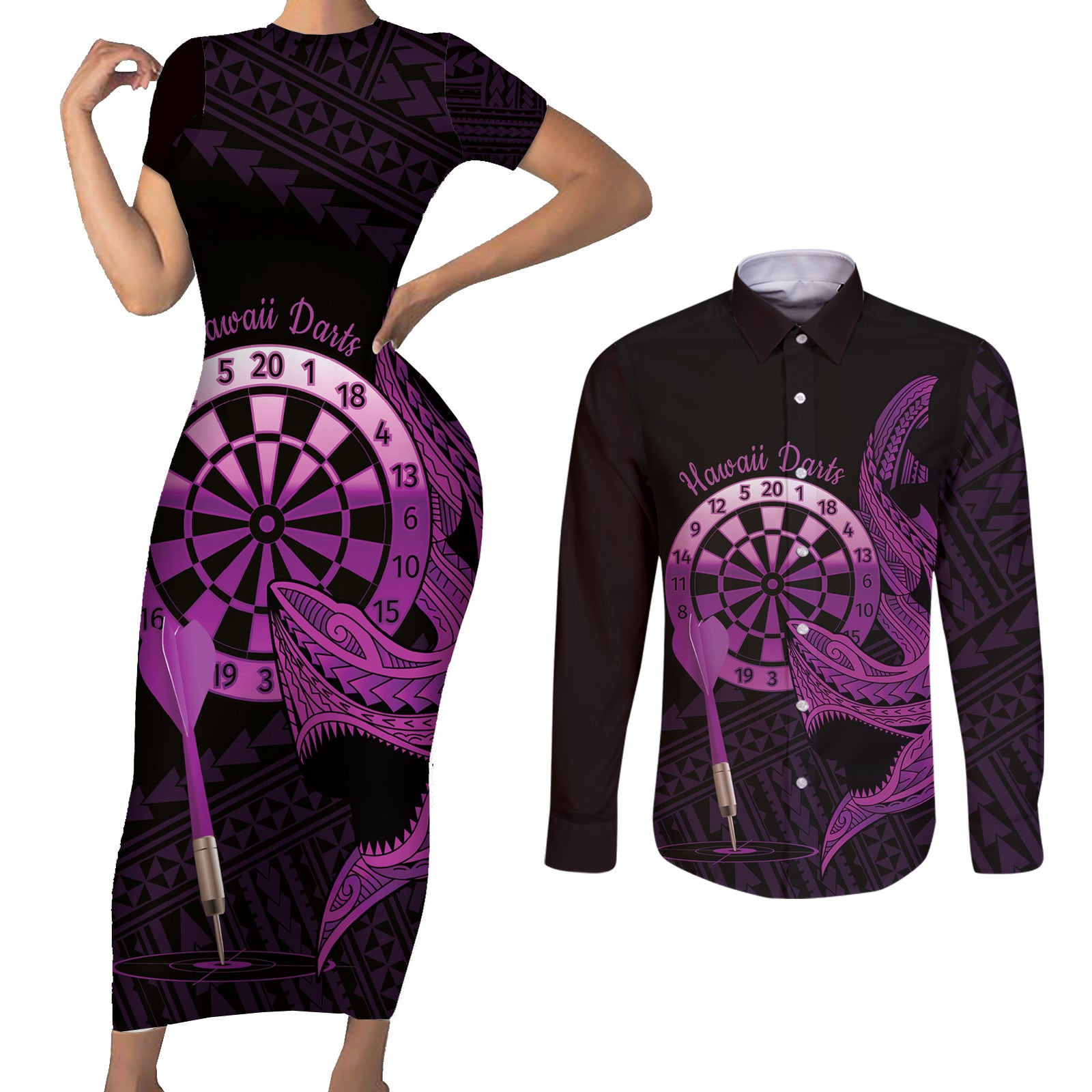 Aloha Hawaii Darts Couples Matching Short Sleeve Bodycon Dress and Long Sleeve Button Shirt Dart Board With Polynesian Shark - Purple LT14 Purple - Polynesian Pride