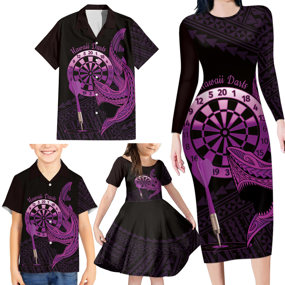 Aloha Hawaii Darts Family Matching Long Sleeve Bodycon Dress and Hawaiian Shirt Dart Board With Polynesian Shark - Purple