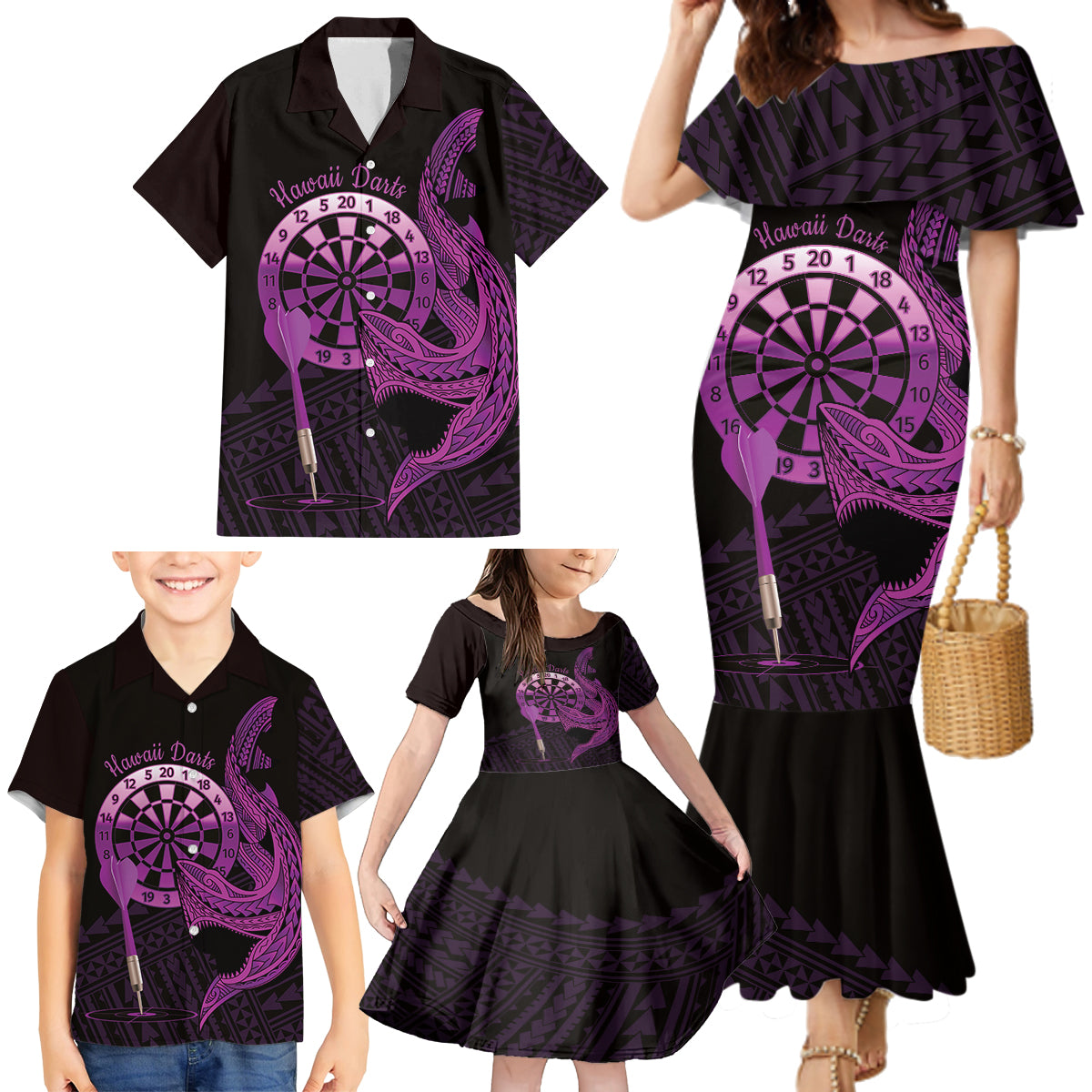 Aloha Hawaii Darts Family Matching Mermaid Dress and Hawaiian Shirt Dart Board With Polynesian Shark - Purple