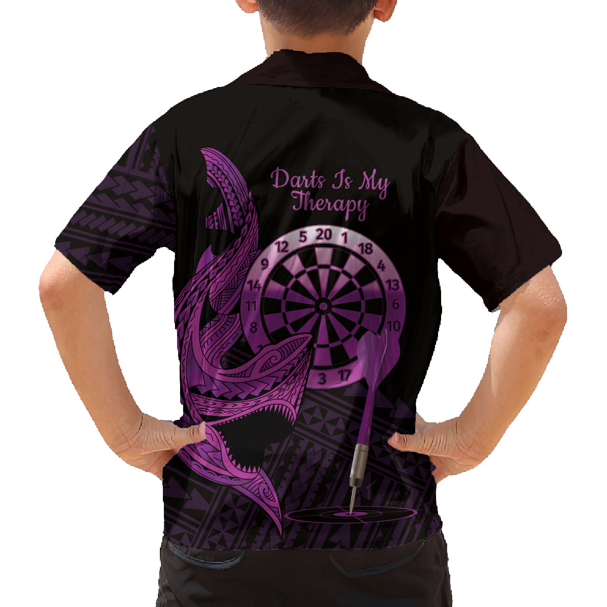 Aloha Hawaii Darts Family Matching Off The Shoulder Long Sleeve Dress and Hawaiian Shirt Dart Board With Polynesian Shark - Purple LT14 - Polynesian Pride
