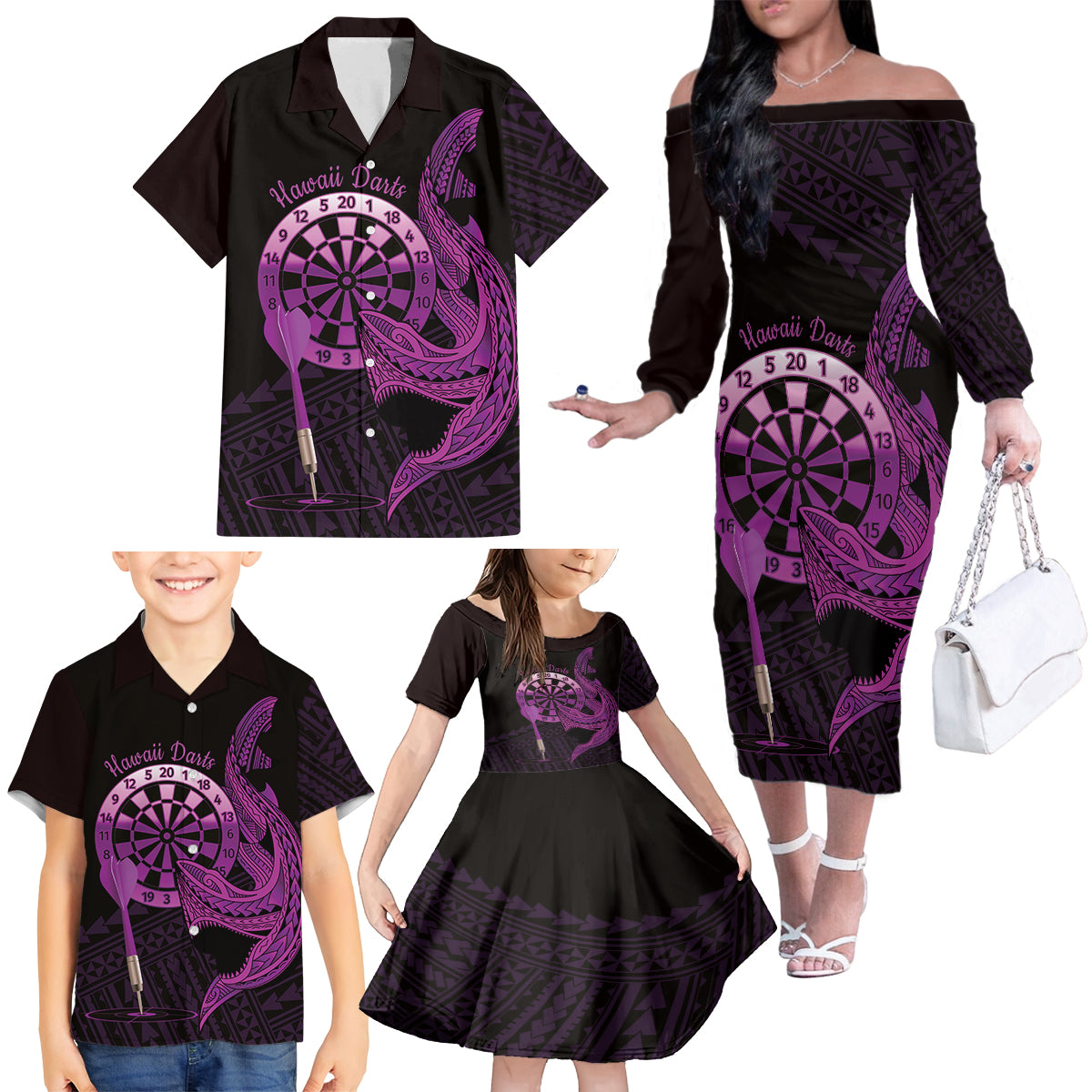 Aloha Hawaii Darts Family Matching Off The Shoulder Long Sleeve Dress and Hawaiian Shirt Dart Board With Polynesian Shark - Purple