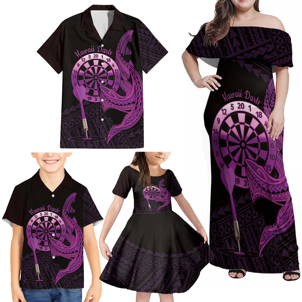 Aloha Hawaii Darts Family Matching Off Shoulder Maxi Dress and Hawaiian Shirt Dart Board With Polynesian Shark - Purple