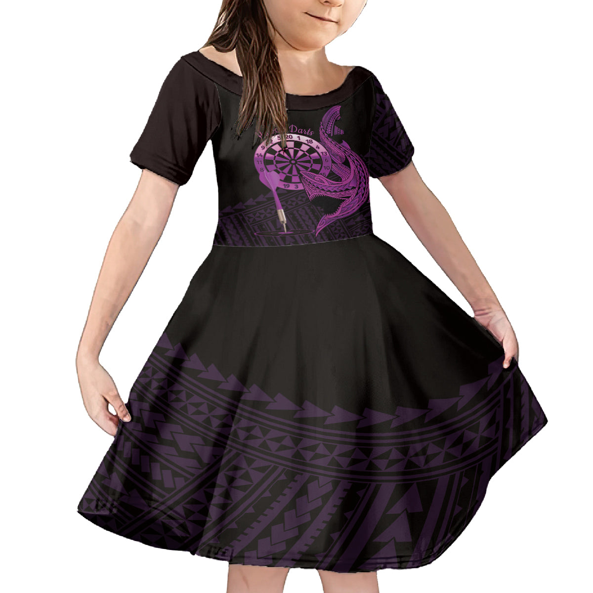 Aloha Hawaii Darts Family Matching Off Shoulder Short Dress and Hawaiian Shirt Dart Board With Polynesian Shark - Purple