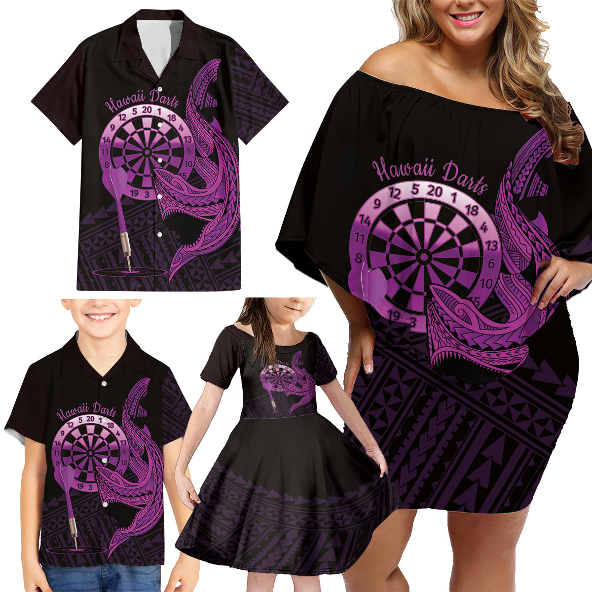 Aloha Hawaii Darts Family Matching Off Shoulder Short Dress and Hawaiian Shirt Dart Board With Polynesian Shark - Purple