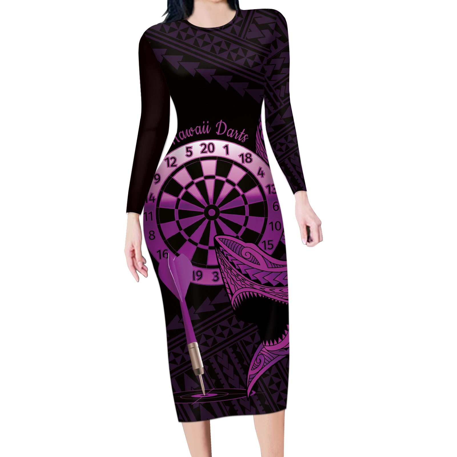 Aloha Hawaii Darts Long Sleeve Bodycon Dress Dart Board With Polynesian Shark - Purple