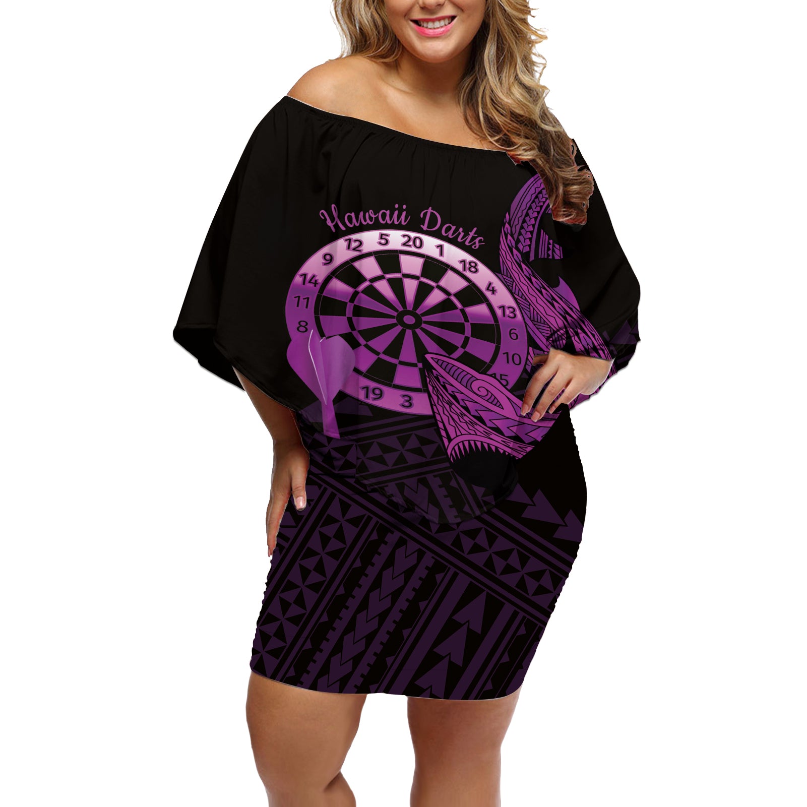 Aloha Hawaii Darts Off Shoulder Short Dress Dart Board With Polynesian Shark - Purple