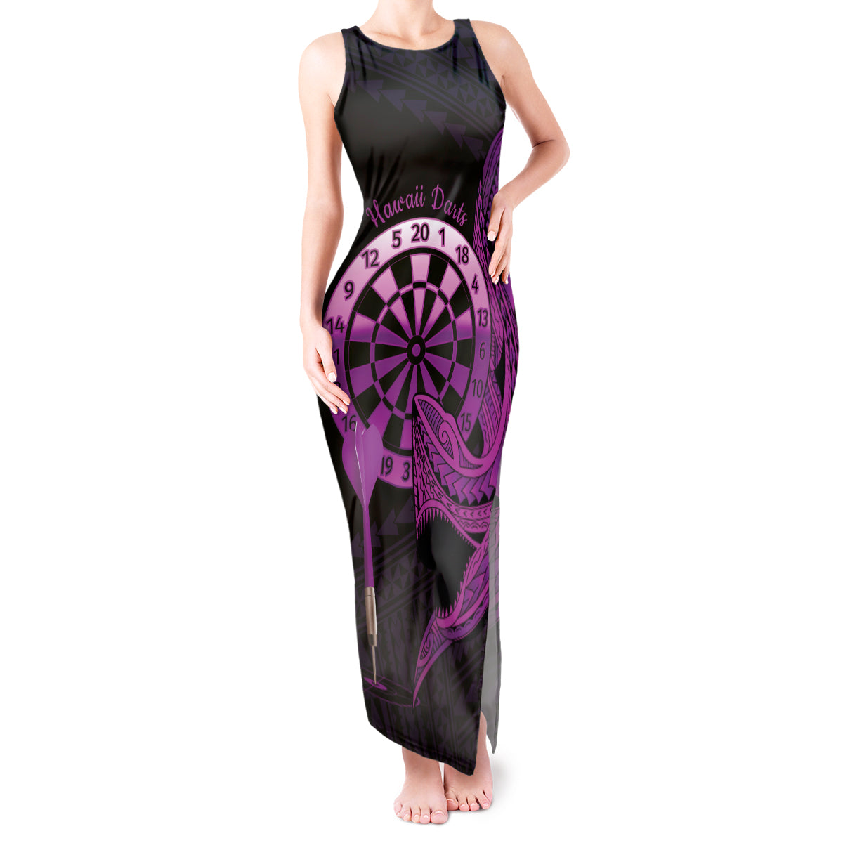 Aloha Hawaii Darts Tank Maxi Dress Dart Board With Polynesian Shark - Purple