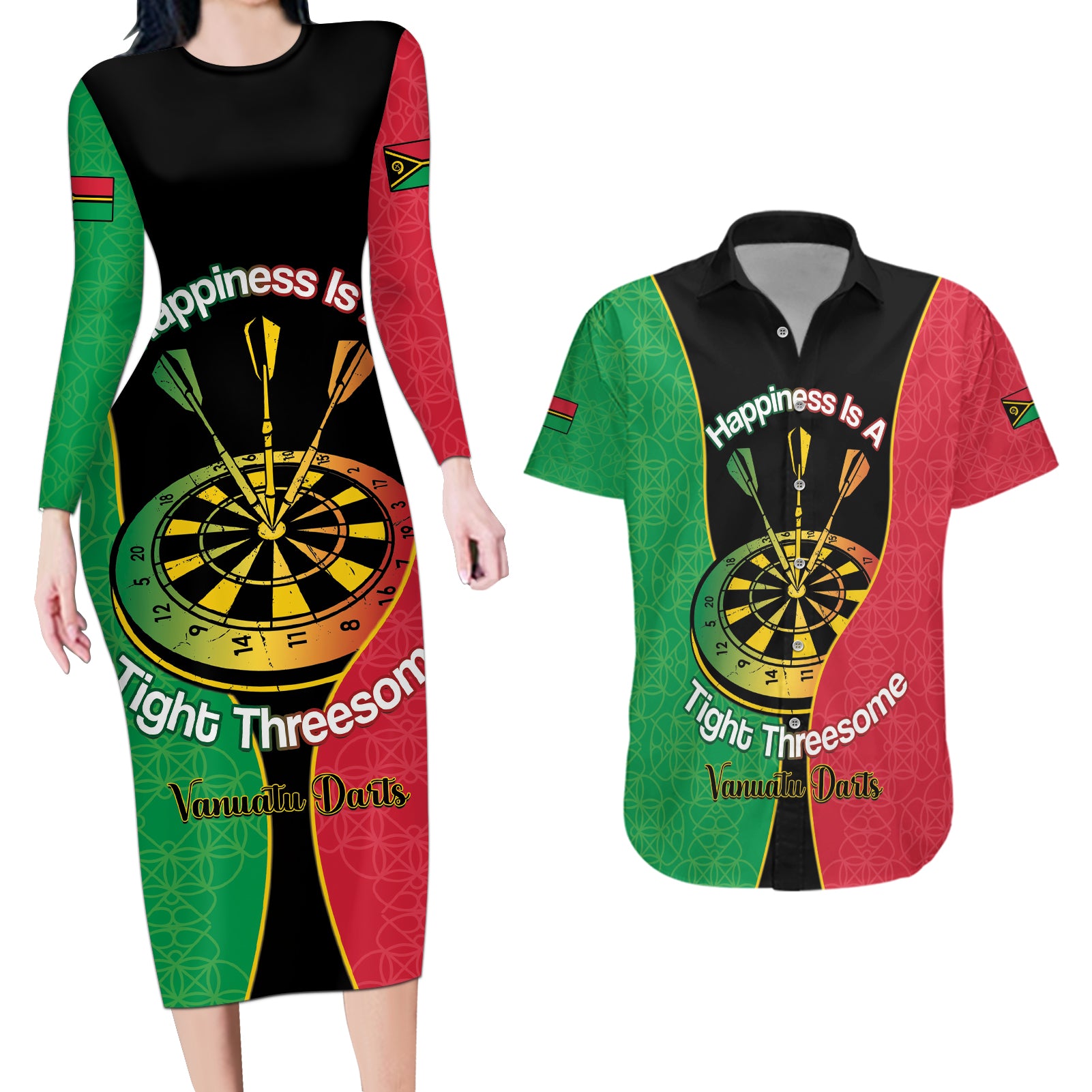 Personalised Vanuatu Darts Couples Matching Long Sleeve Bodycon Dress and Hawaiian Shirt Happiness Is A Tight Threesome Sand Drawing Art