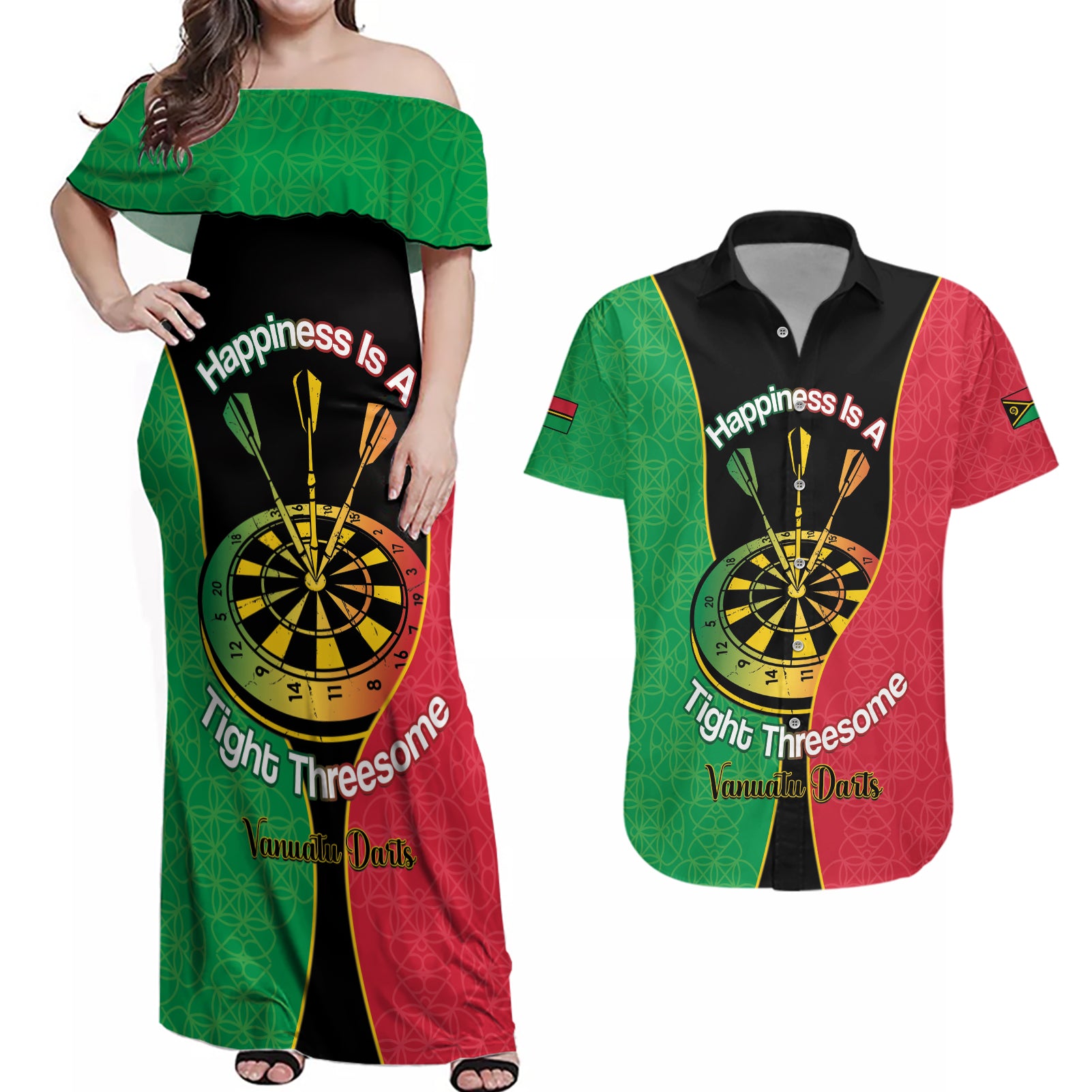 Personalised Vanuatu Darts Couples Matching Off Shoulder Maxi Dress and Hawaiian Shirt Happiness Is A Tight Threesome Sand Drawing Art