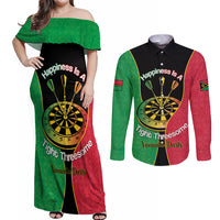 Personalised Vanuatu Darts Couples Matching Off Shoulder Maxi Dress and Long Sleeve Button Shirt Happiness Is A Tight Threesome Sand Drawing Art LT14 Red - Polynesian Pride