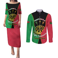 Personalised Vanuatu Darts Couples Matching Puletasi and Long Sleeve Button Shirt Happiness Is A Tight Threesome Sand Drawing Art LT14 Red - Polynesian Pride