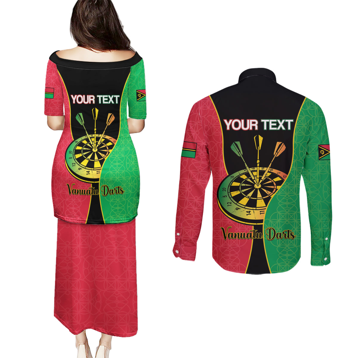 Personalised Vanuatu Darts Couples Matching Puletasi and Long Sleeve Button Shirt Happiness Is A Tight Threesome Sand Drawing Art LT14 - Polynesian Pride