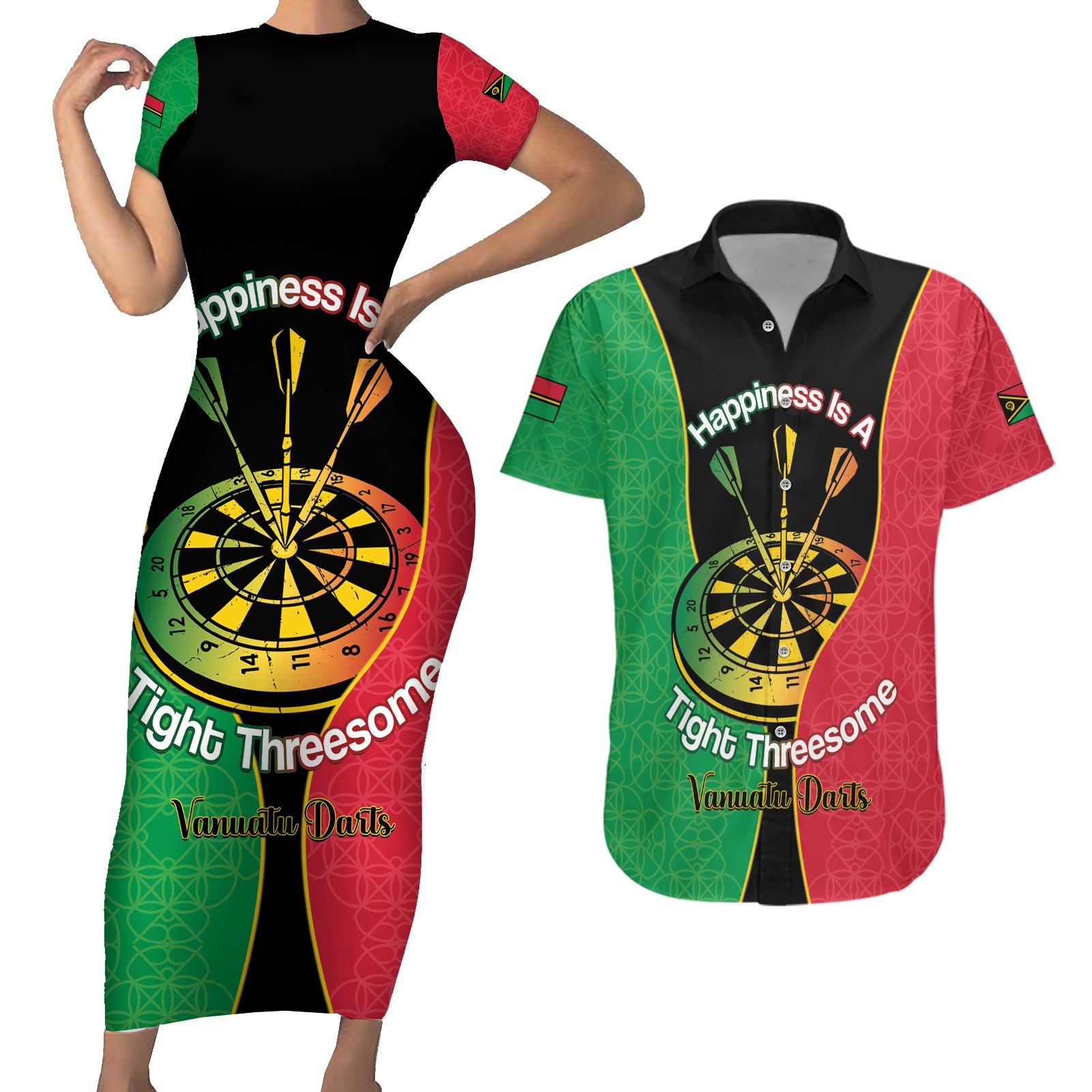 Personalised Vanuatu Darts Couples Matching Short Sleeve Bodycon Dress and Hawaiian Shirt Happiness Is A Tight Threesome Sand Drawing Art