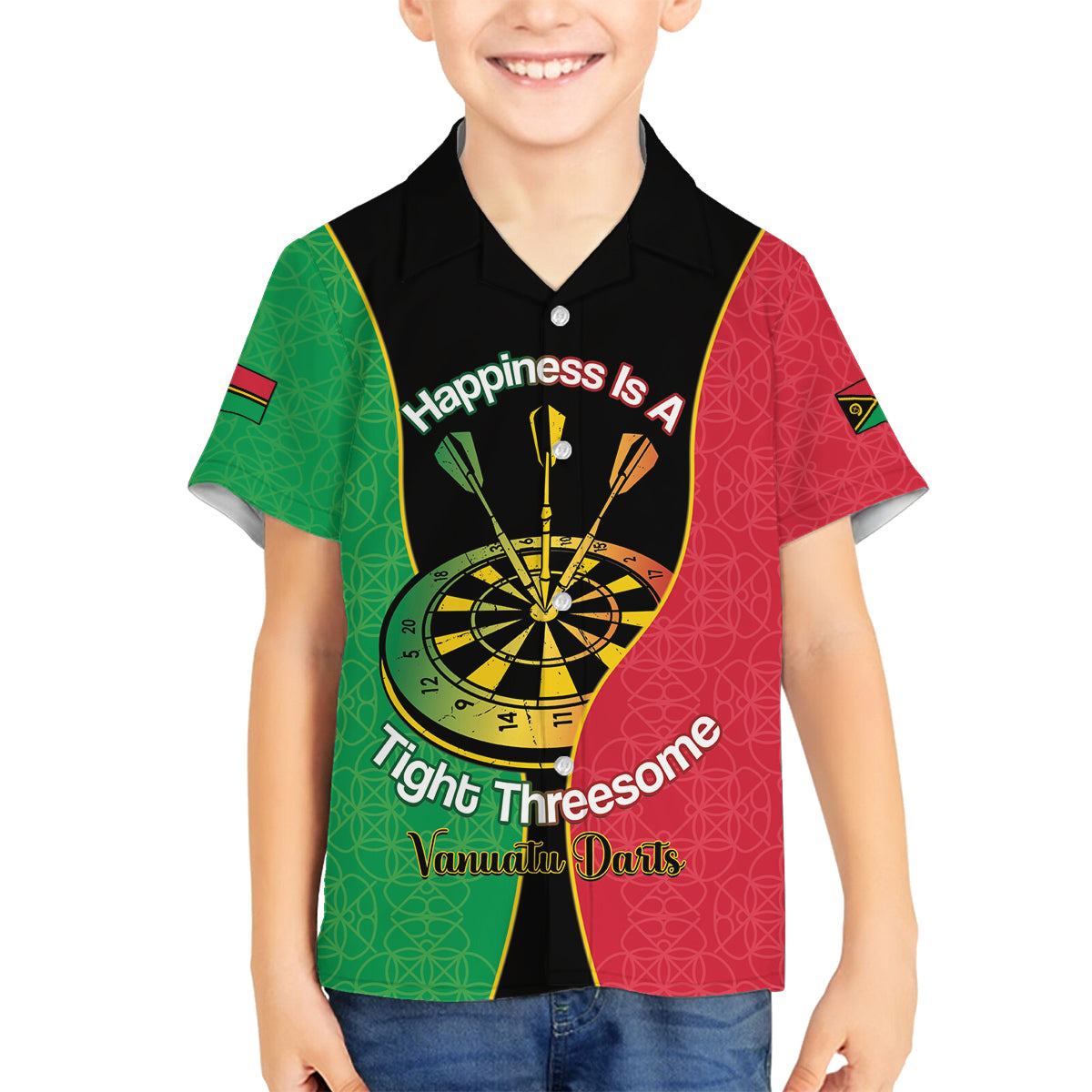 Personalised Vanuatu Darts Family Matching Long Sleeve Bodycon Dress and Hawaiian Shirt Happiness Is A Tight Threesome Sand Drawing Art LT14 Son's Shirt Red - Polynesian Pride