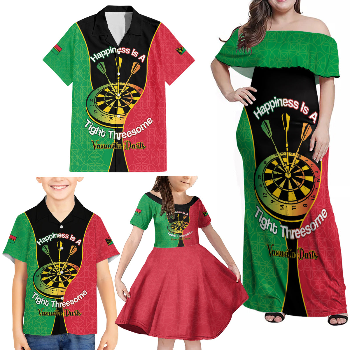 Personalised Vanuatu Darts Family Matching Off Shoulder Maxi Dress and Hawaiian Shirt Happiness Is A Tight Threesome Sand Drawing Art