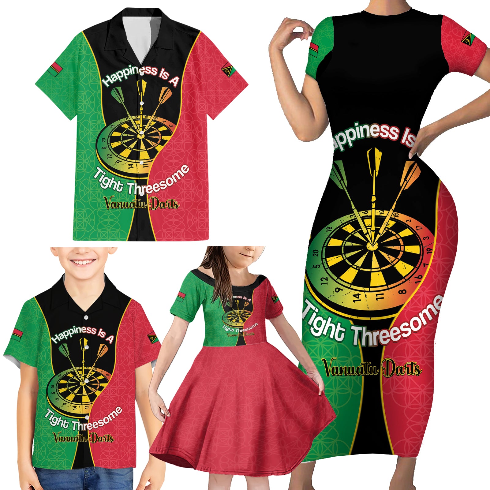 Personalised Vanuatu Darts Family Matching Short Sleeve Bodycon Dress and Hawaiian Shirt Happiness Is A Tight Threesome Sand Drawing Art