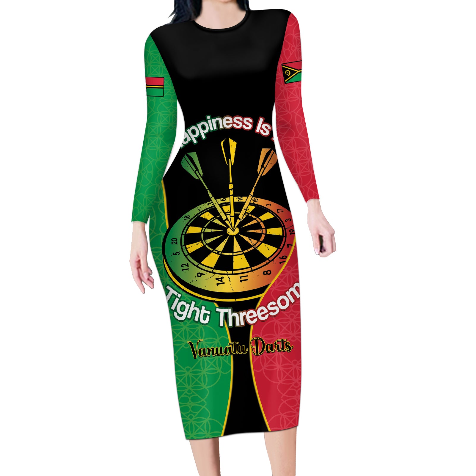 Personalised Vanuatu Darts Long Sleeve Bodycon Dress Happiness Is A Tight Threesome Sand Drawing Art