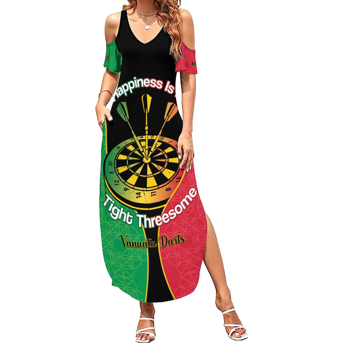 Personalised Vanuatu Darts Summer Maxi Dress Happiness Is A Tight Threesome Sand Drawing Art LT14 Women Red - Polynesian Pride