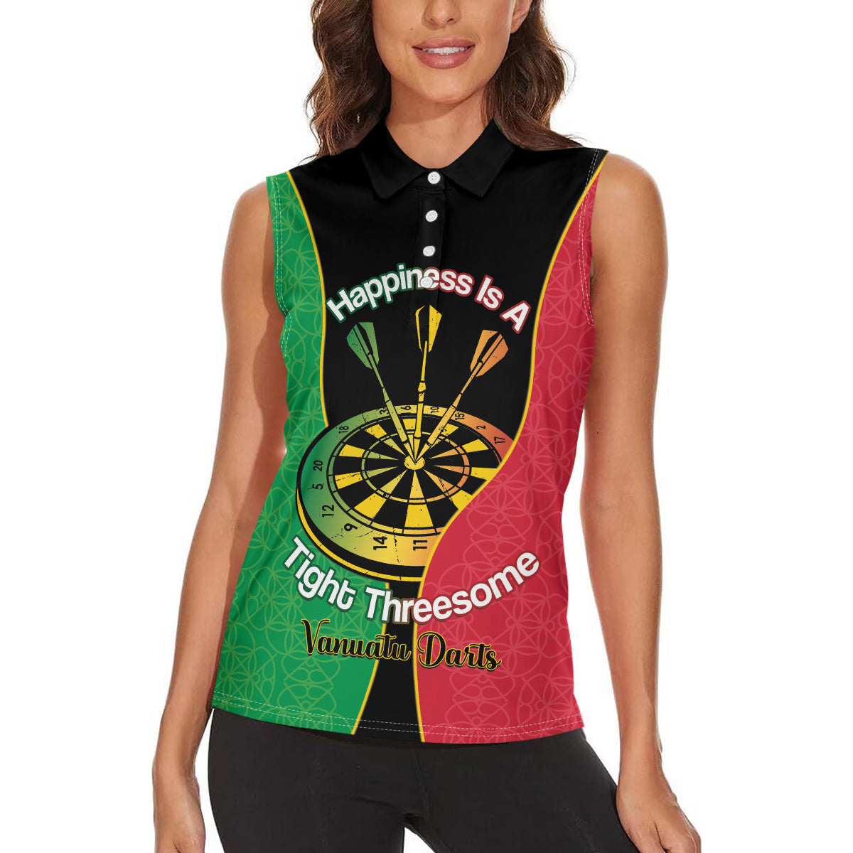 Personalised Vanuatu Darts Women Sleeveless Polo Shirt Happiness Is A Tight Threesome Sand Drawing Art