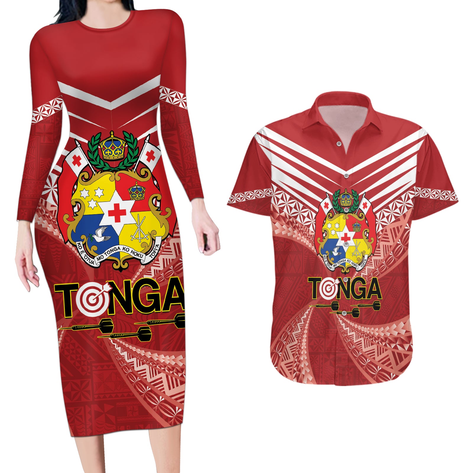 Tonga Darts Couples Matching Long Sleeve Bodycon Dress and Hawaiian Shirt Tongan Ngatu Pattern