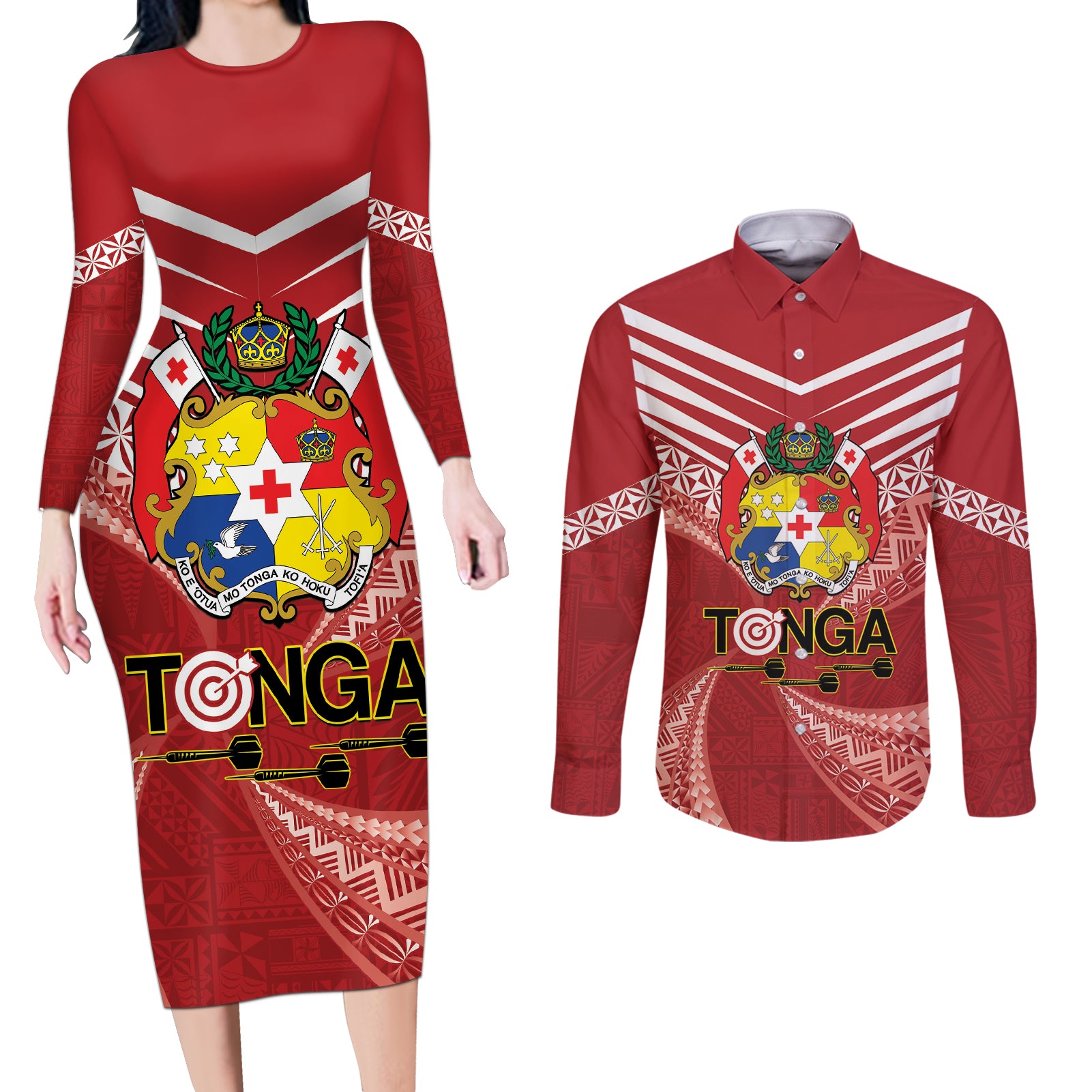 Tonga Darts Couples Matching Long Sleeve Bodycon Dress and Long Sleeve Button Shirt Tongan Ngatu Pattern