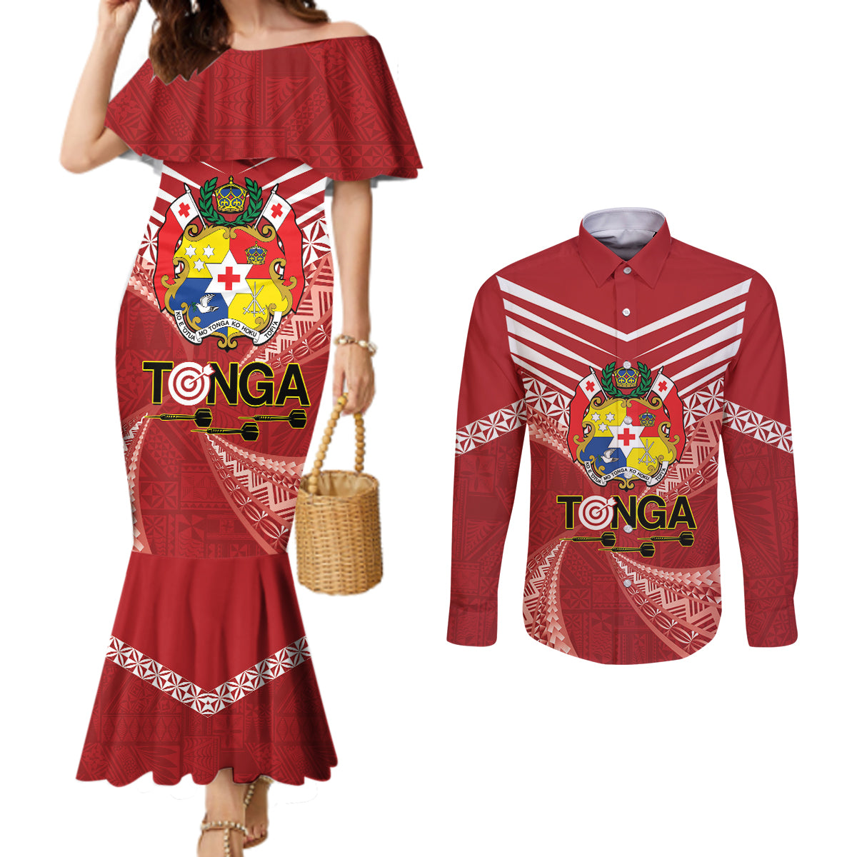 Tonga Darts Couples Matching Mermaid Dress and Long Sleeve Button Shirt Tongan Ngatu Pattern