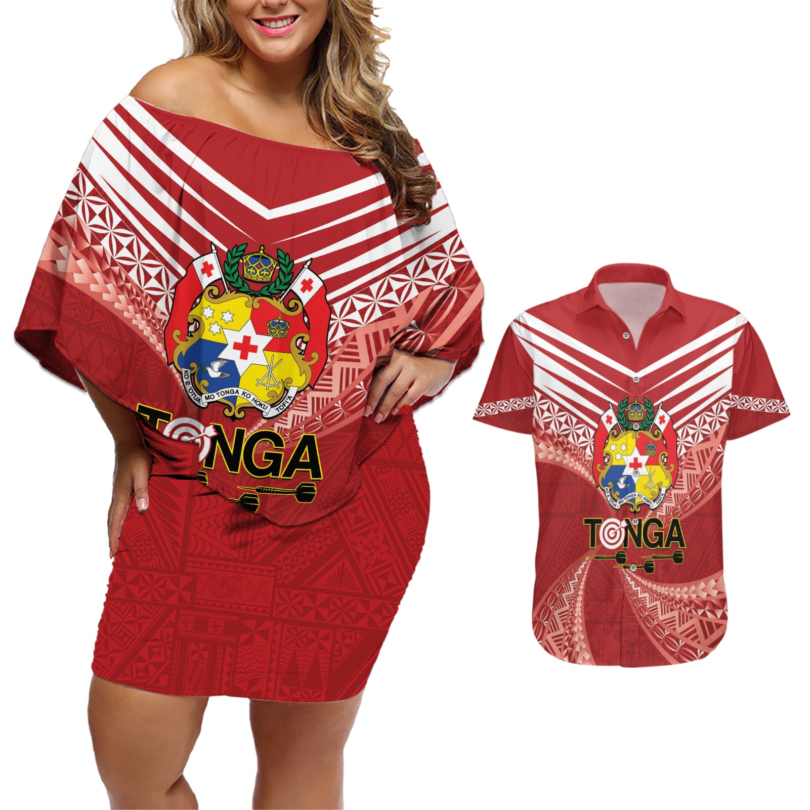 Tonga Darts Couples Matching Off Shoulder Short Dress and Hawaiian Shirt Tongan Ngatu Pattern