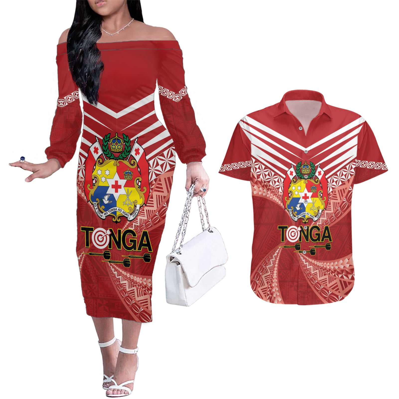 Tonga Darts Couples Matching Off The Shoulder Long Sleeve Dress and Hawaiian Shirt Tongan Ngatu Pattern