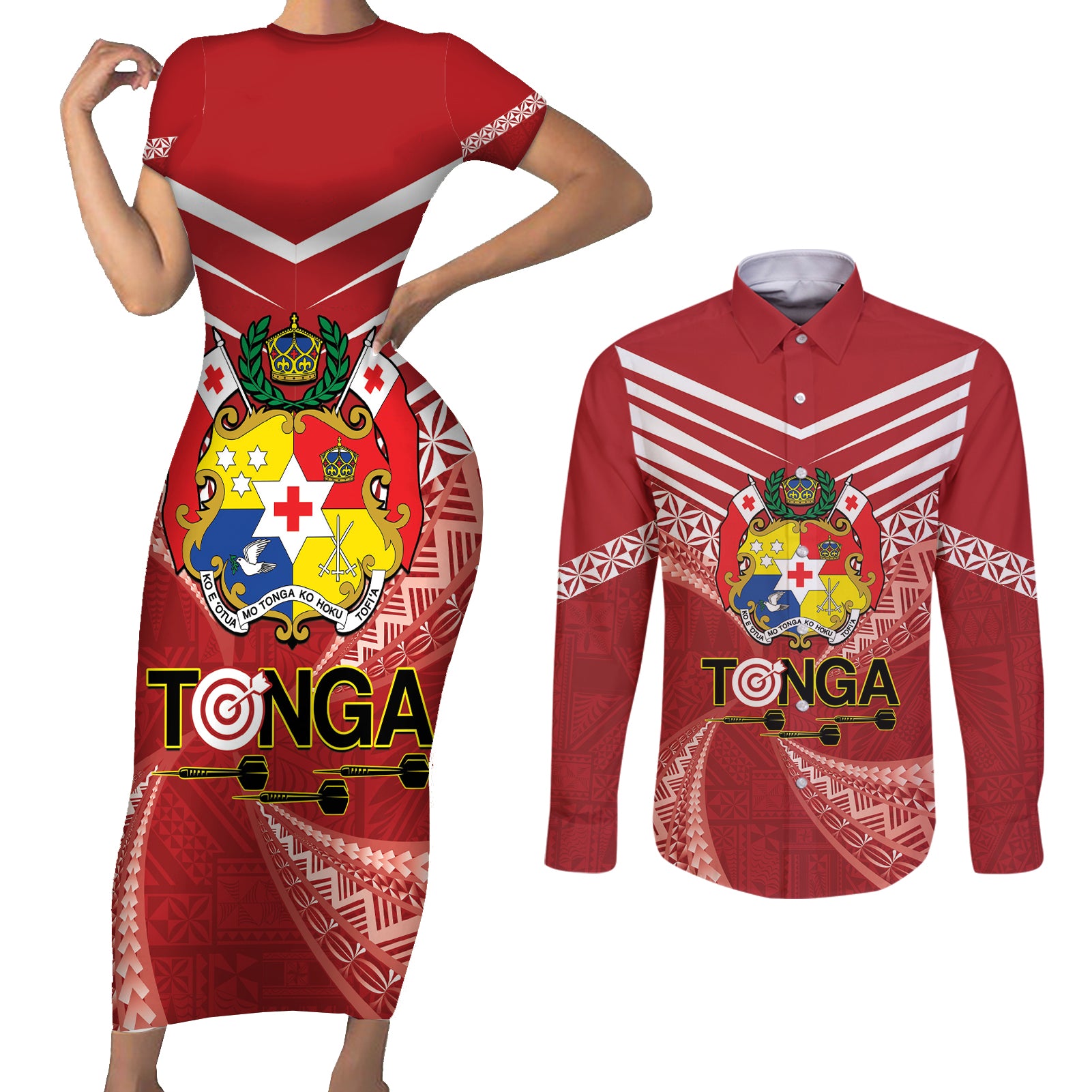 Tonga Darts Couples Matching Short Sleeve Bodycon Dress and Long Sleeve Button Shirt Tongan Ngatu Pattern