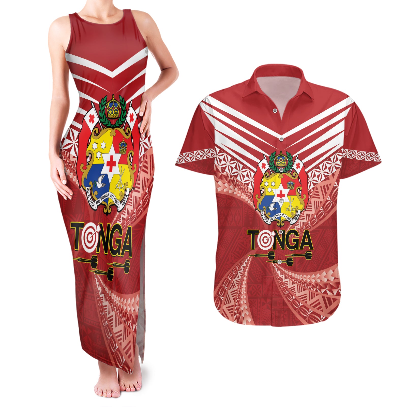 Tonga Darts Couples Matching Tank Maxi Dress and Hawaiian Shirt Tongan Ngatu Pattern