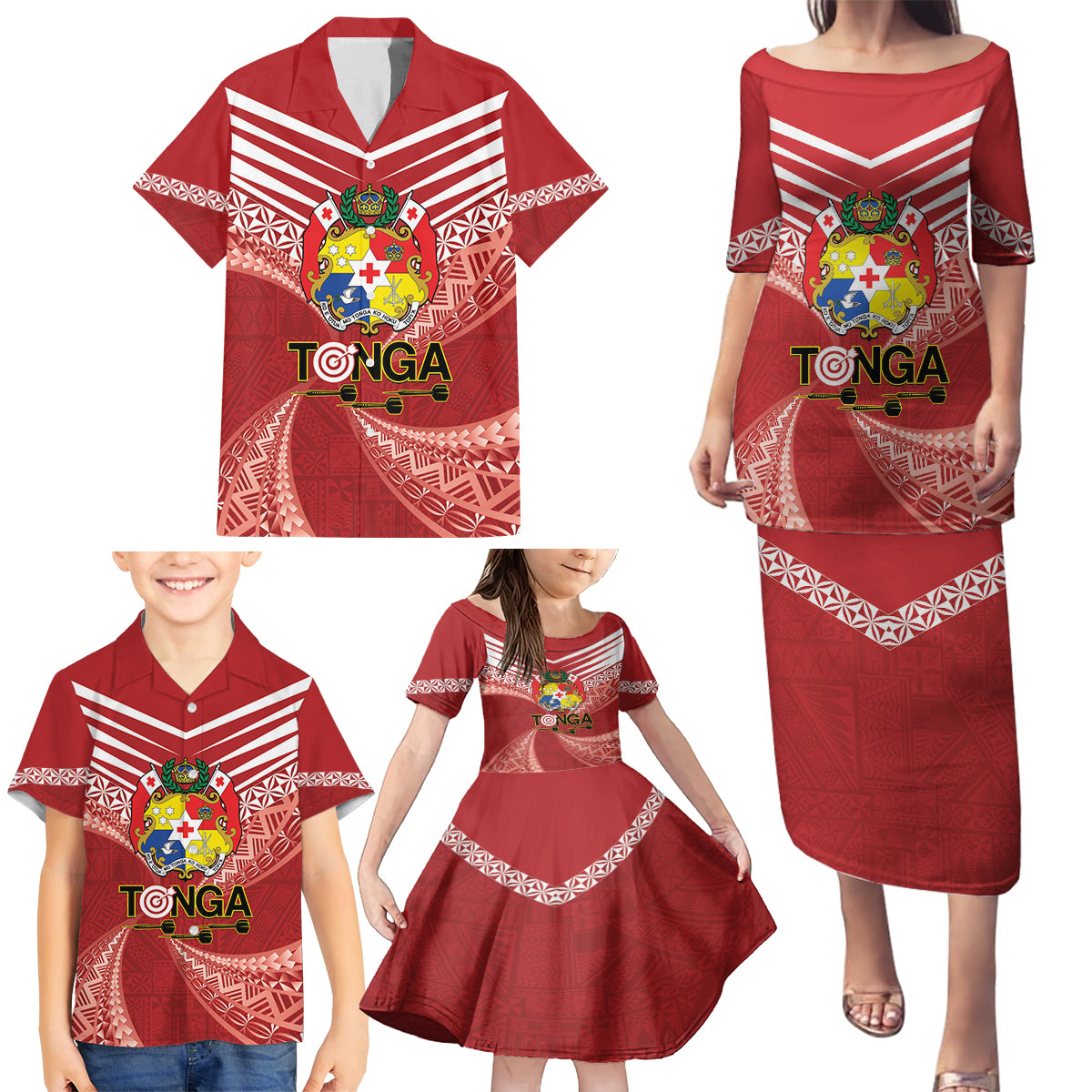 Tonga Darts Family Matching Puletasi and Hawaiian Shirt Tongan Ngatu Pattern