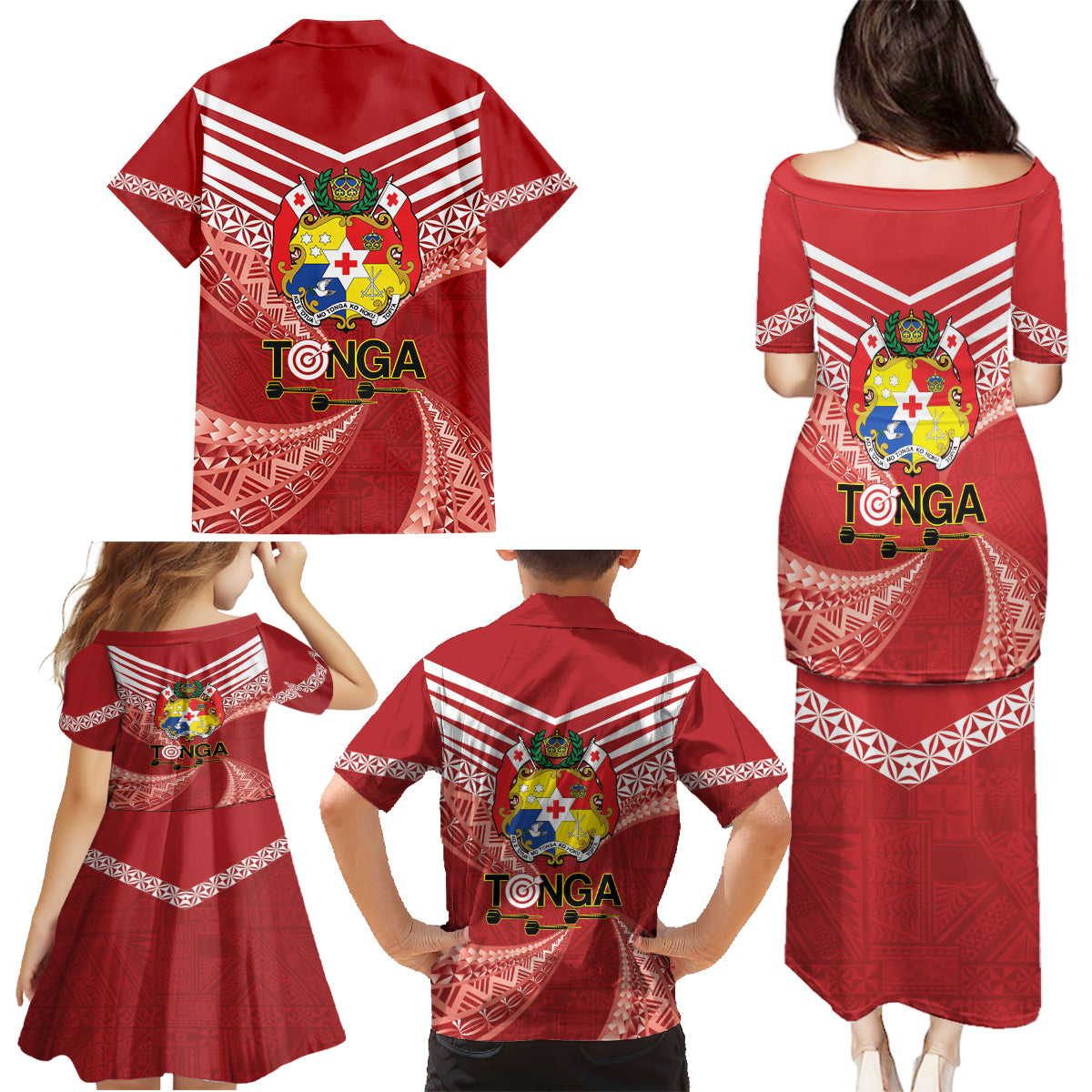 Tonga Darts Family Matching Puletasi and Hawaiian Shirt Tongan Ngatu Pattern