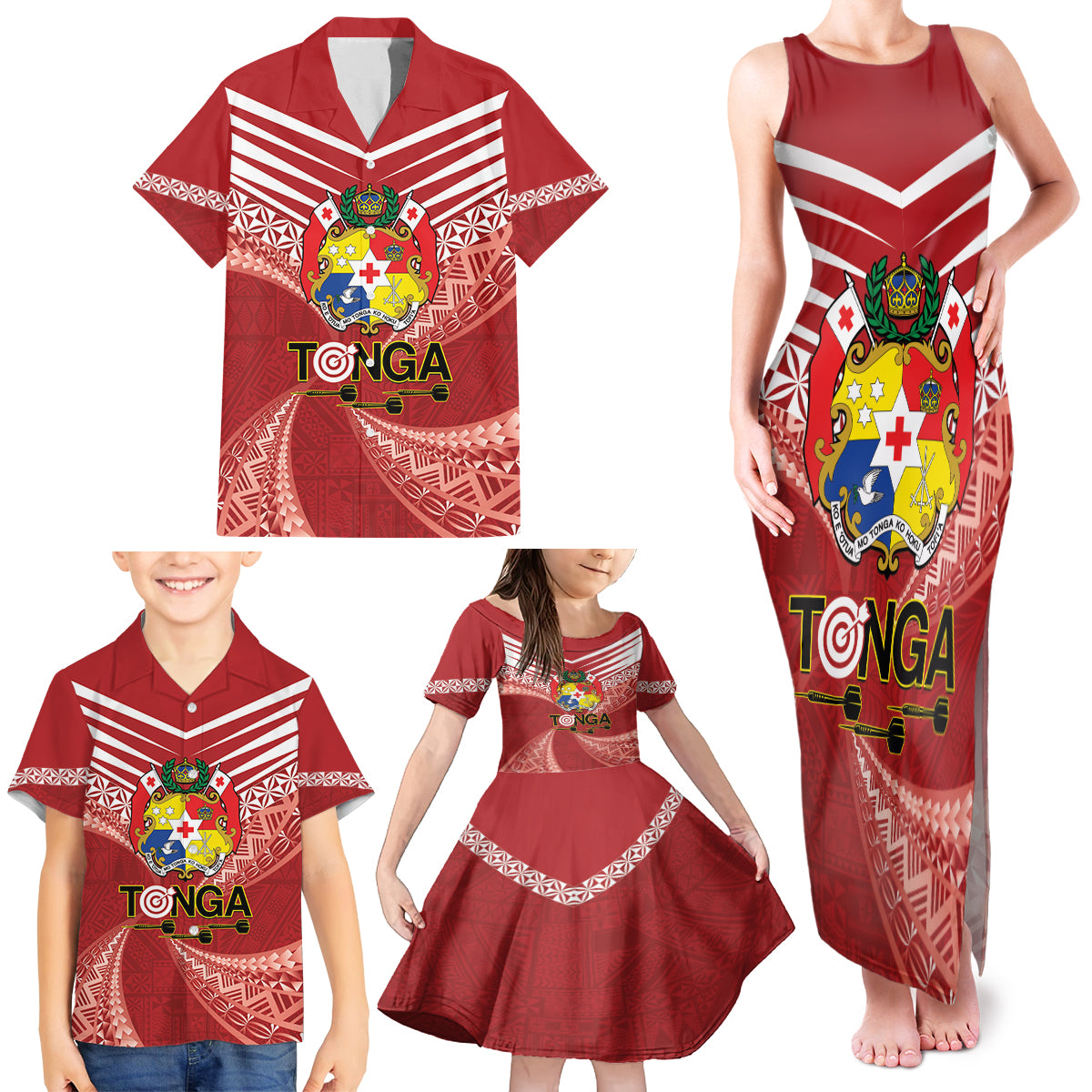 Tonga Darts Family Matching Tank Maxi Dress and Hawaiian Shirt Tongan Ngatu Pattern