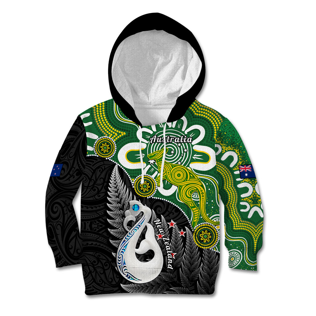 Personalised New Zealand And Australia Kid Hoodie Aboriginal Mix Aotearoa Maori Unique Style LT14 Hoodie Green - Polynesian Pride