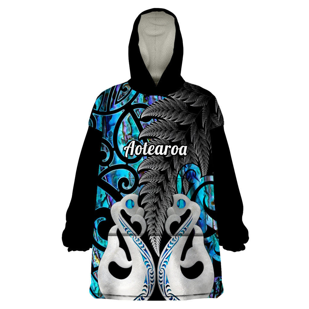 Personalised New Zealand Wearable Blanket Hoodie Te Manaia Mangopare Maori And Fern Blue Style LT14 One Size Blue - Polynesian Pride