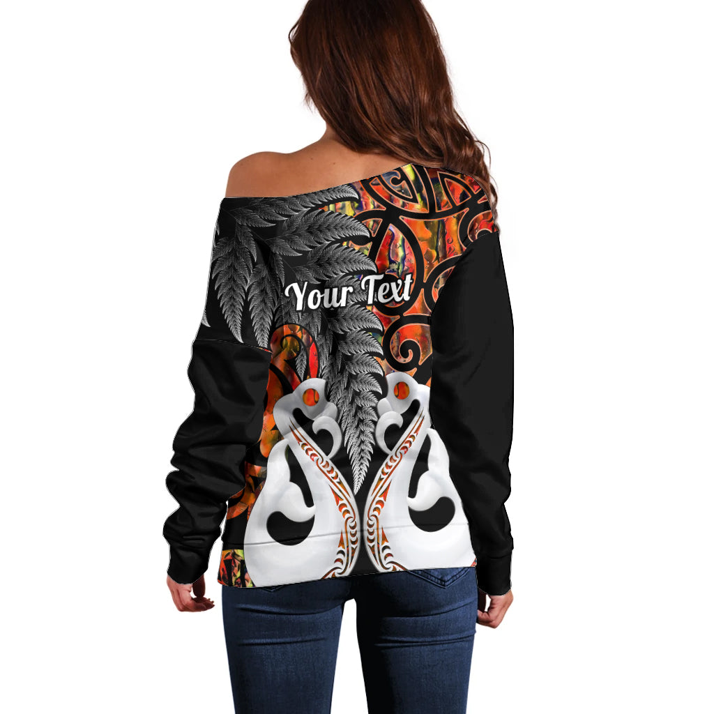 Personalised New Zealand Off Shoulder Sweater Te Manaia Mangopare Maori And Fern Orange Style LT14 - Polynesian Pride