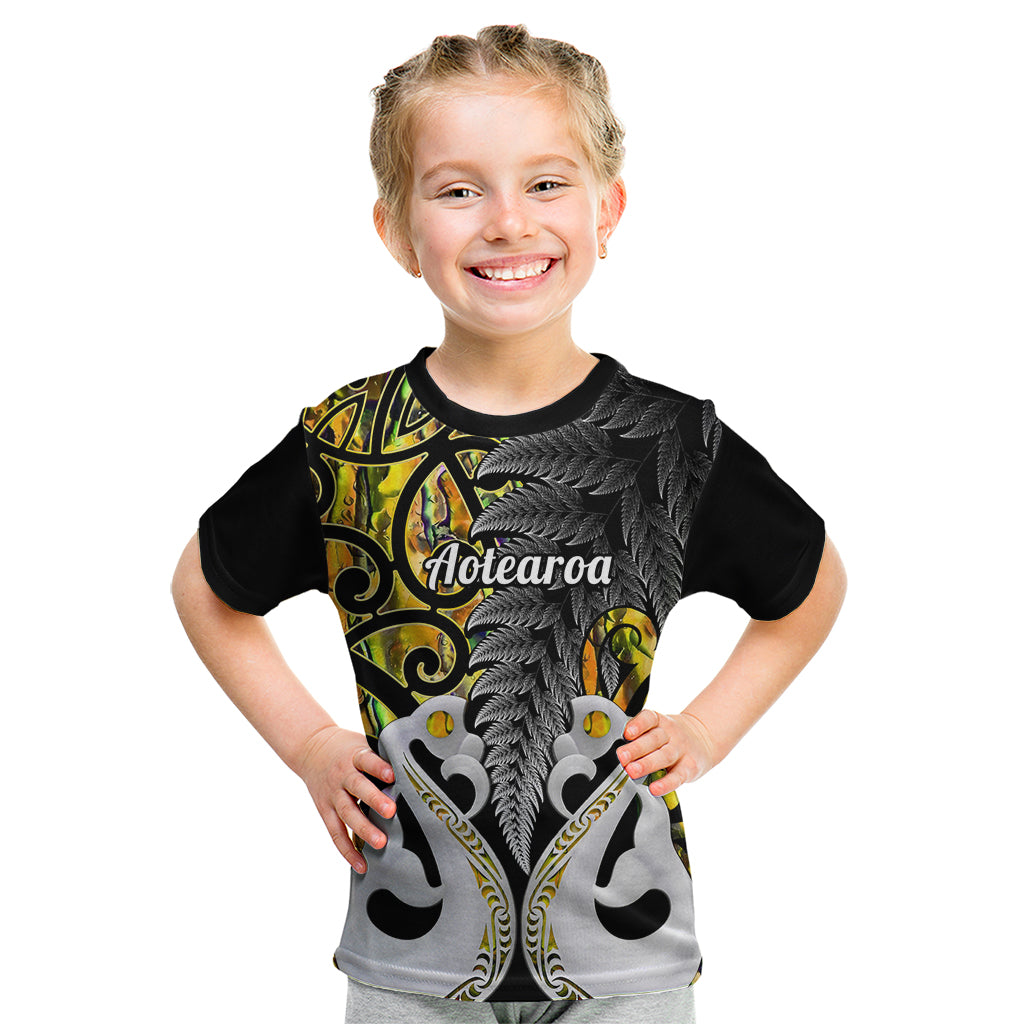 Personalised New Zealand Kid T Shirt Te Manaia Mangopare Maori And Fern Gold Style LT14 Gold - Polynesian Pride