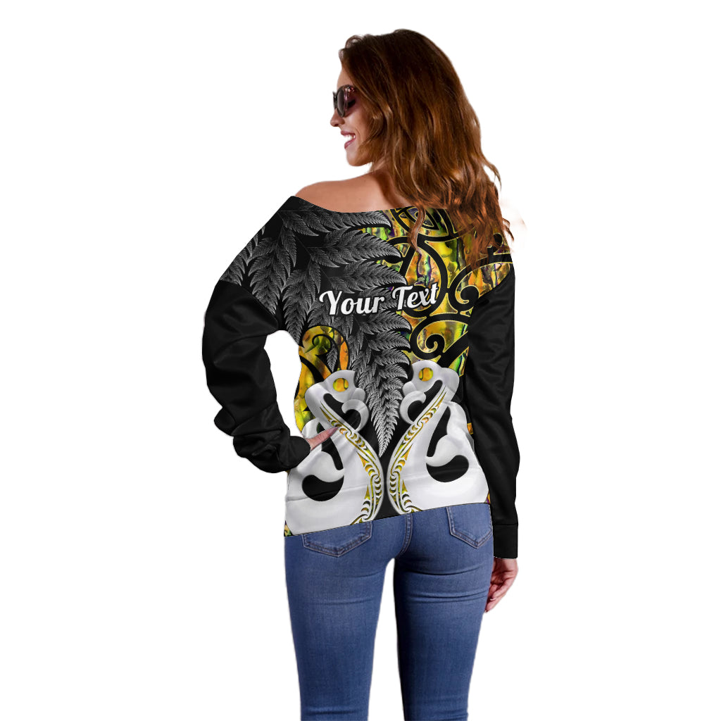 Personalised New Zealand Off Shoulder Sweater Te Manaia Mangopare Maori And Fern Gold Style LT14 - Polynesian Pride