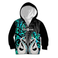 Personalised New Zealand Kid Hoodie Te Manaia Mangopare Maori And Fern Turquoise Style LT14 Zip Hoodie Turquoise - Polynesian Pride