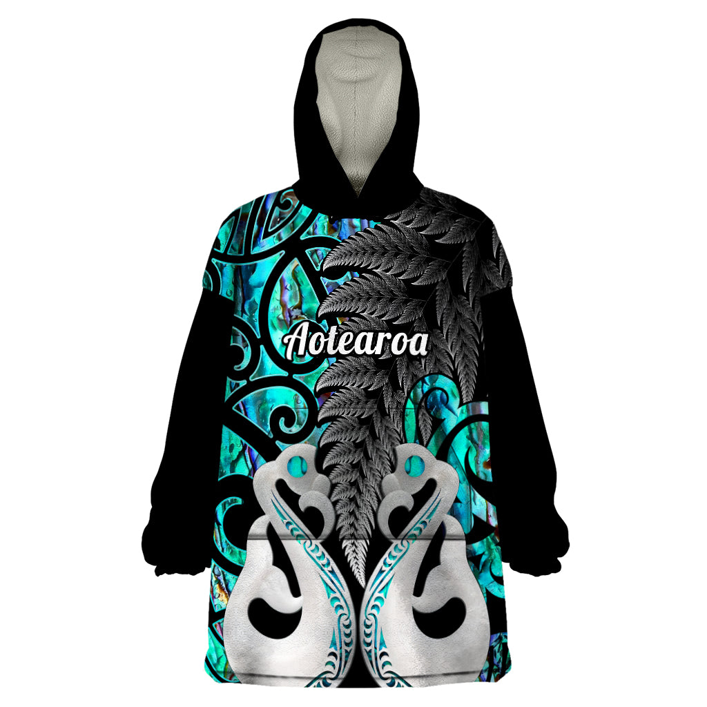 Personalised New Zealand Wearable Blanket Hoodie Te Manaia Mangopare Maori And Fern Turquoise Style LT14 One Size Turquoise - Polynesian Pride