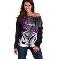 Personalised New Zealand Off Shoulder Sweater Te Manaia Mangopare Maori And Fern Purple Style LT14 Women Purple - Polynesian Pride