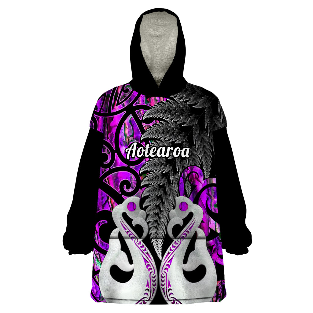 Personalised New Zealand Wearable Blanket Hoodie Te Manaia Mangopare Maori And Fern Purple Style LT14 One Size Purple - Polynesian Pride