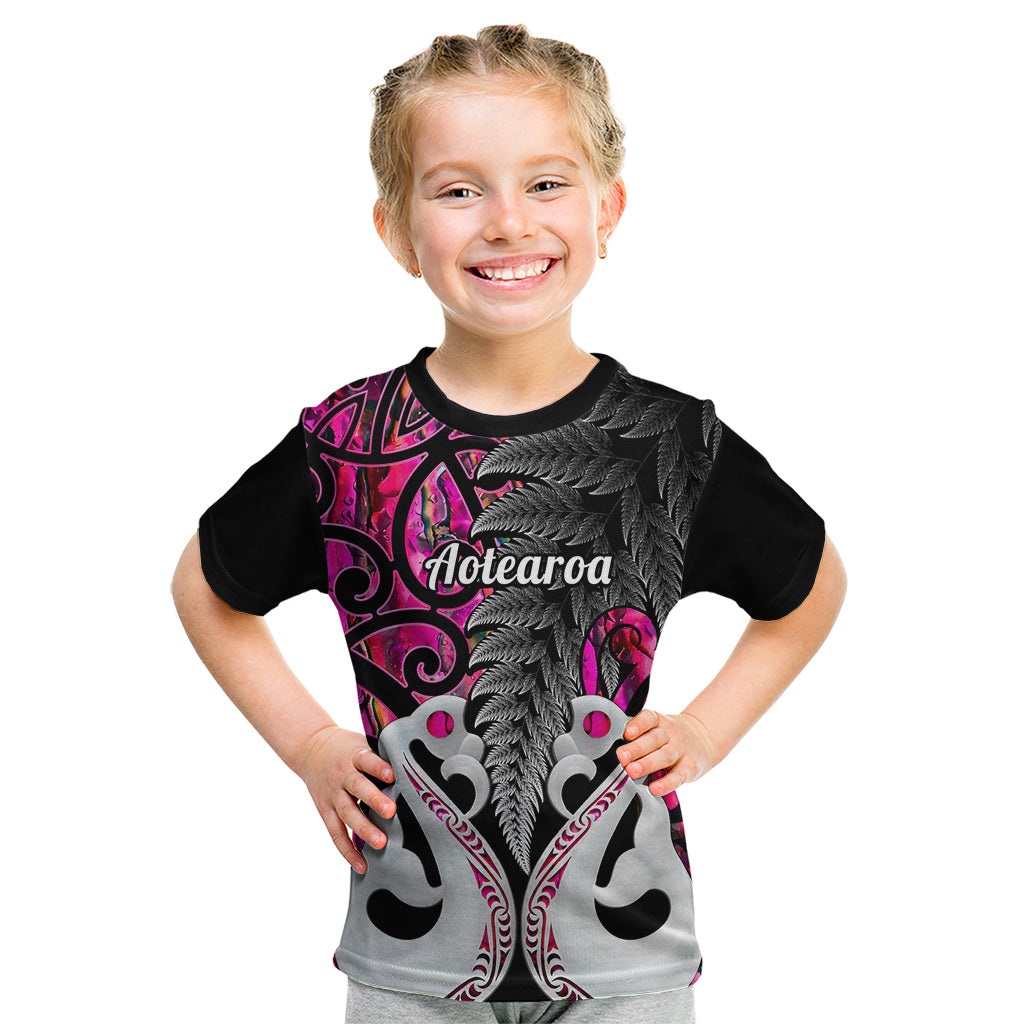 Personalised New Zealand Kid T Shirt Te Manaia Mangopare Maori And Fern Pink Style LT14 Pink - Polynesian Pride