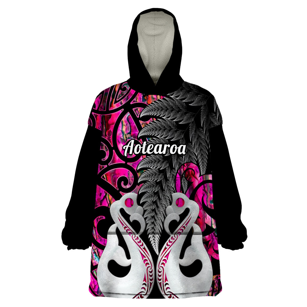 Personalised New Zealand Wearable Blanket Hoodie Te Manaia Mangopare Maori And Fern Pink Style LT14 One Size Pink - Polynesian Pride